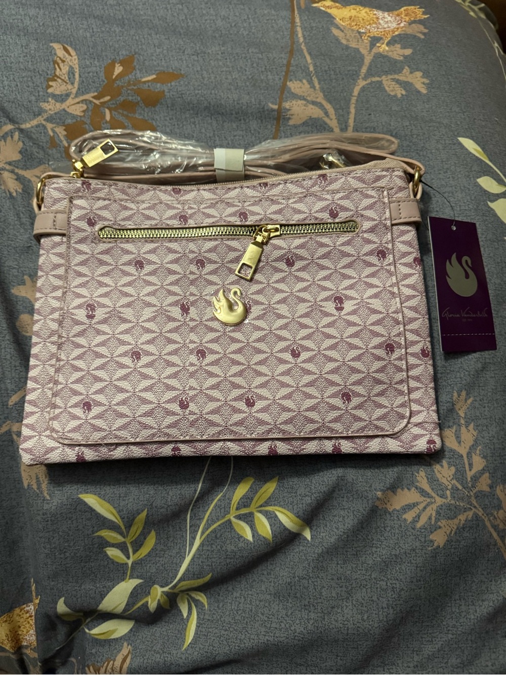 Gloria Vanderbilt Pale Pink Monogram Crossbody with Gold Accents